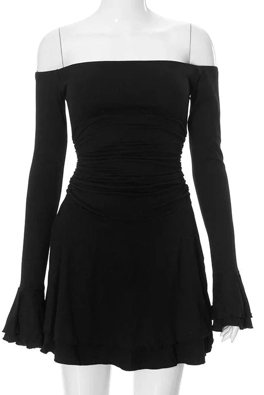 Off-Shoulder Backless Mini Dress with Flare Sleeves