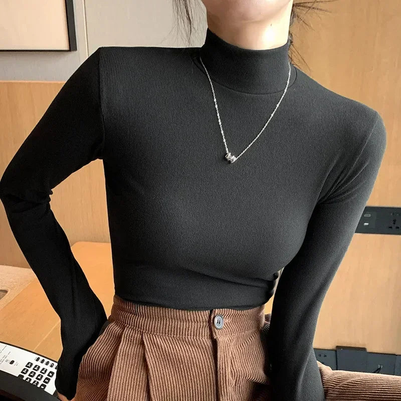 Women Autumn Winter Turtleneck Sweater Vintage Solid Basic Knitted Tops Casual Slim Pullover Korean Fashion Simple Chic Jumpers