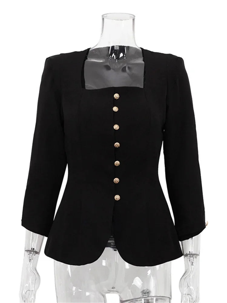 Autumn Square Collar Outwear Female Elegant Commute Cropped Long Sleeve Streetwear Patchwork Cardigan Solid Coat Ladies