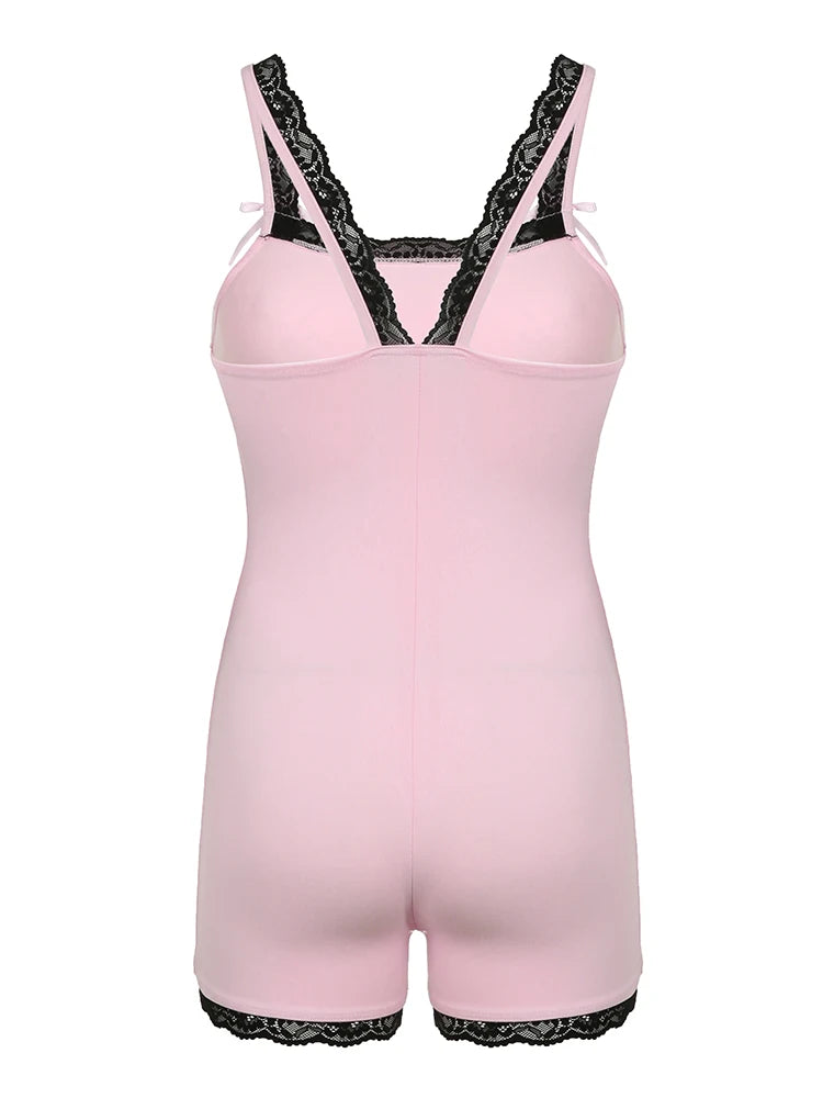 Contrast Lace Patchwork Square Collar Skinny Sexy Straps Rompers Womens Playsuits Sweet Cute Y2K Clothing