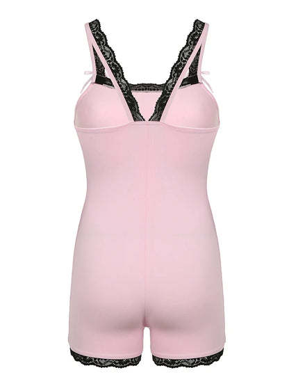 Contrast Lace Patchwork Square Collar Skinny Sexy Straps Rompers Womens Playsuits Sweet Cute Y2K Clothing