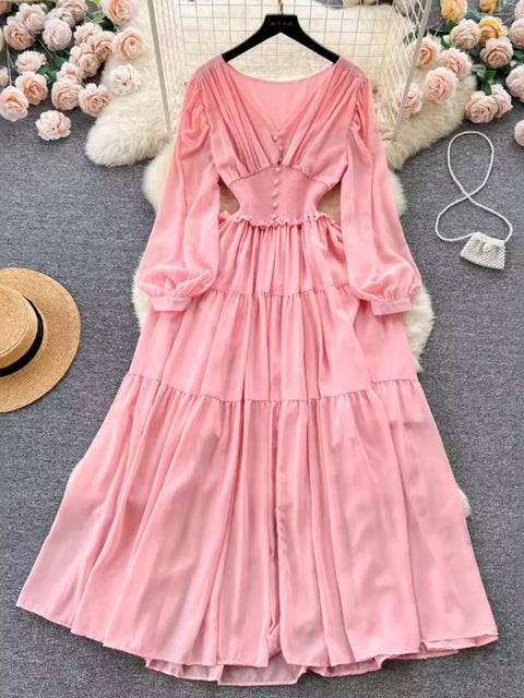 Vintage Chiffon Long Dress Women Elegant V-neck Long Sleeved Casual Dresses French Pleated Slim A-line Long Robe Vestidos