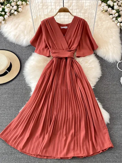 Women Elegant Pleated Dress Summer Short Sleeve V-neck Vintage Dresses Ladies A Line High Waisted Midi Dress