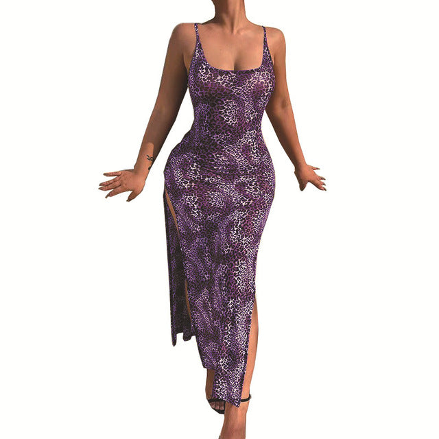 Fashion Leopard Print Slim Long Dresses Women Sexy Low Cut Backless Package Hip Bodycon Slit Dress Female Streetwear Summer New