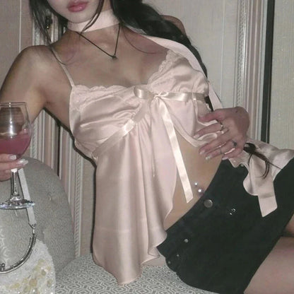 Kawaii Bandage Lace Pink Camisole Sweet Patchwork Satin Crop Tops with Slit y2k Vintage Tank Tops Cute