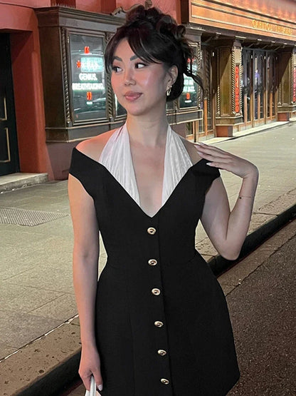 Elegant Contrast Color Splice Halter Dress For Women High Waist With Button Female Slim Fit Party Sexy Dress Sleeveless
