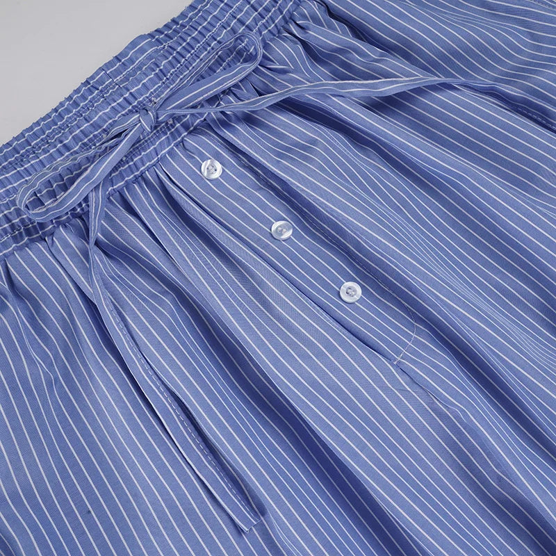 Streetwear Blue Striped Print Casual Pants Elastic Low Rise Loose Trousers y2k Aesthetic Korean Style Hippie Trousers