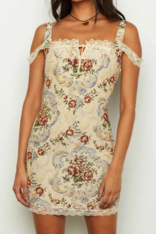 Floral Print Lace Sleeveless Backless Mini Dress