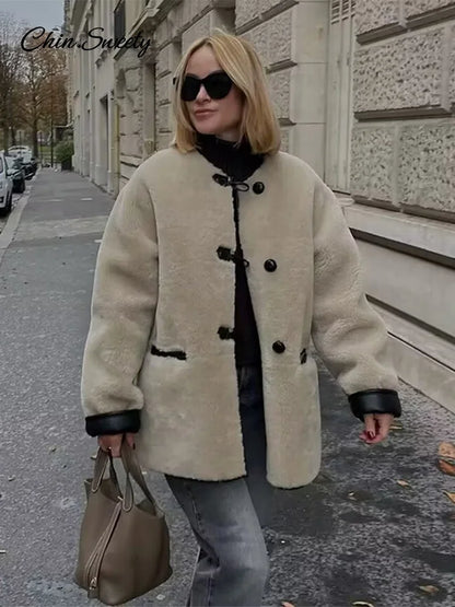 Vintage Lambs Wool Jacket For Women Loose Fleece O-neck Single Breasted Pockets Long Sleeve Fur Coat Autumn Winter Lady Outwear