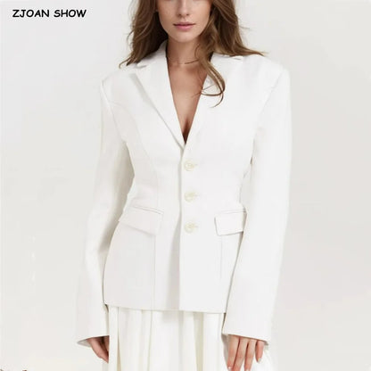 Autumn Single-breasted Buttons Slim Waist Blazer Boyfriend Retro Women Pad Shoulder Full Sleeve Suit Female Coat