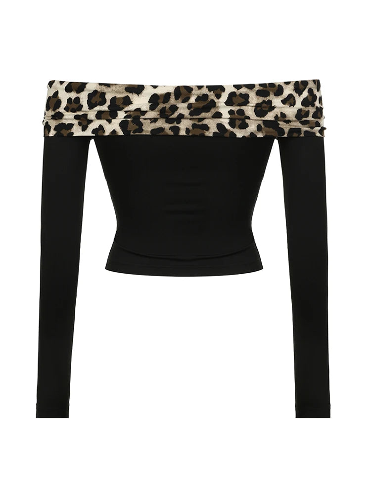Leopard Patchwork Slash Neck Long Sleeve Slim Cropped T Shirt Women Elegant Fashion Sexy Clothing