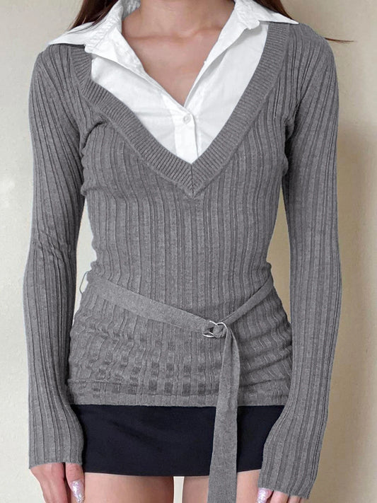 Gray Ribbed Slim Basic Long Sleeve Tee With Belts Contrast Patchwork Turn Down Collar Pullover Top T Shirt Women Autumn Winter