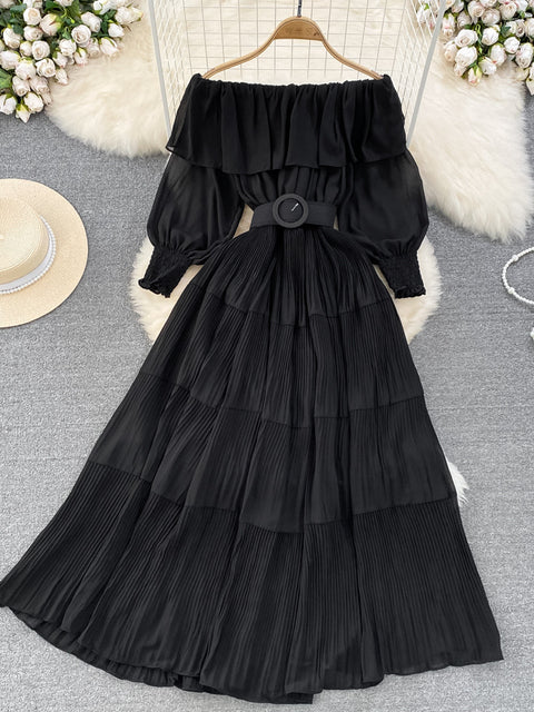 Women Vintage Off Shoulder Dress Chiffon Summer Sweet Lotus Leaf Edge Elegant Pleated Dresses Ladies Evening Party Long Dress