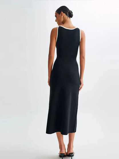 Elegant Single Breasted Knitted Maxi Dress Women Fashion O Neck Sleeveless Fake Pockets Dresses  New Lady High Street Robes
