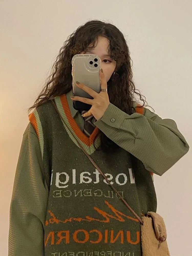Voguable Vintage Harajuku Letter Knitted Vest Preppy Style Loose Bf Y2K Tops Japan Loose All Match V Neck Casual Sweater Vest
