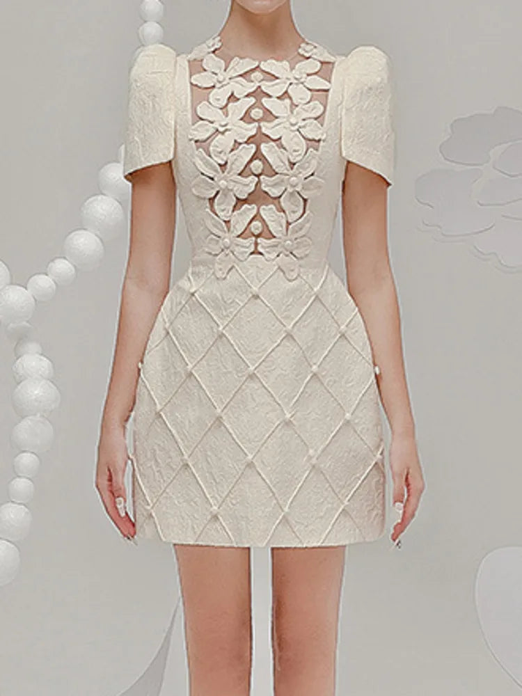 Elegant Short Dress European Style 3D Floral O Neck Hollow Nail Bead Fashion Tide Dresses For Women 2025 Spring Summer 1346