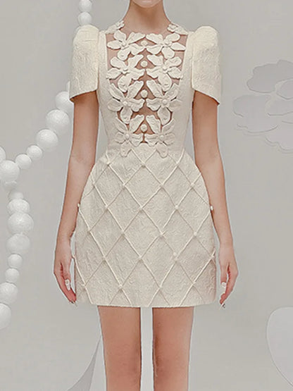 Elegant Short Dress European Style 3D Floral O Neck Hollow Nail Bead Fashion Tide Dresses For Women 2025 Spring Summer 1346