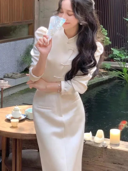 Autumn New Chinese Style Satin 2-Piece Set Vintage Short Blazer High Waist Hip-Wrapped Pencil Skirt Suit Women Luxury Clothing