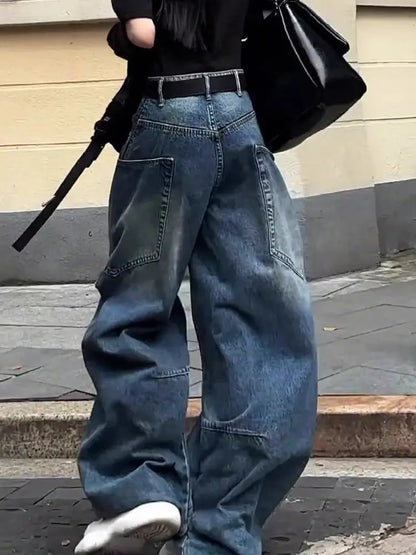 Fashionable High Street Straight Loose Jeans Simple Pocket Loose Wide-leg Jeans Harajuku Style Hip Hop Y2k Pants Baggy Pants