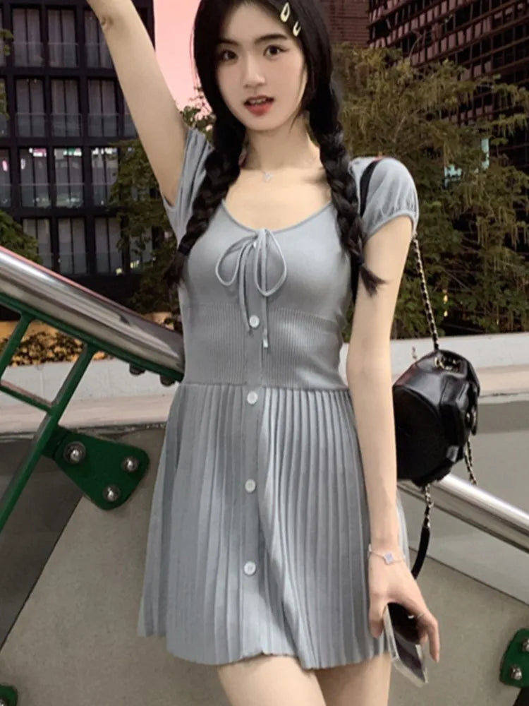 Sexy Knitted Dresses for Women V-neck A-Line Pleated Mini Dress Korean Fashion Solid Autumn Knitting One Piece Vestido Mujer New