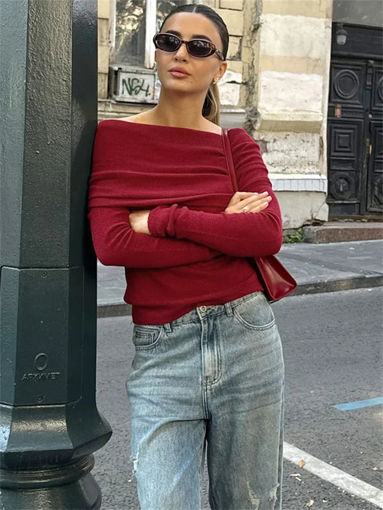 Knit Sweater Pullover Top For Women Fashion Off-Shoulder Slim Casual High Waist Cropped T-shirt Female Knitwear Pullover