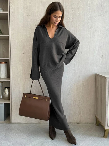 Autumn 2 Piece-Set Maxi Skirt Female V-Neck Loose Patchwork Fashion Pullover And Long Skirt Sets Elegant Ladies Outfits