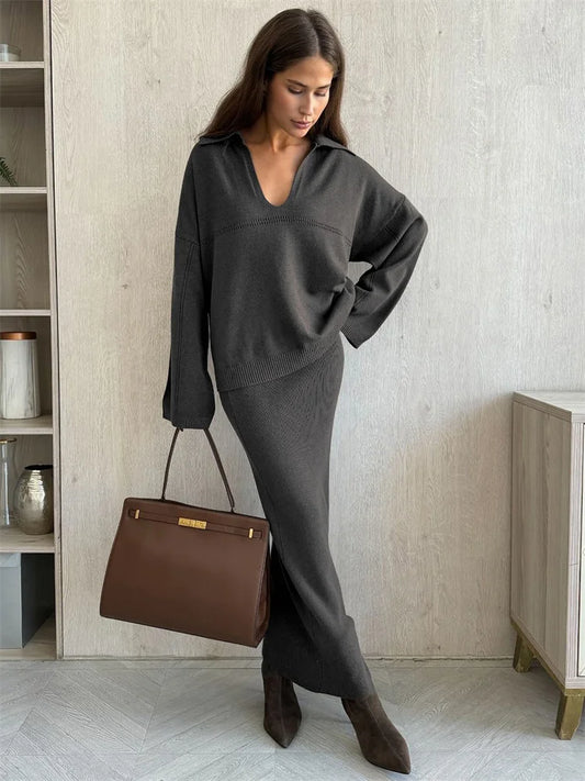 Autumn 2 Piece-Set Maxi Skirt Female V-Neck Loose Patchwork Fashion Pullover And Long Skirt Sets Elegant Ladies Outfits
