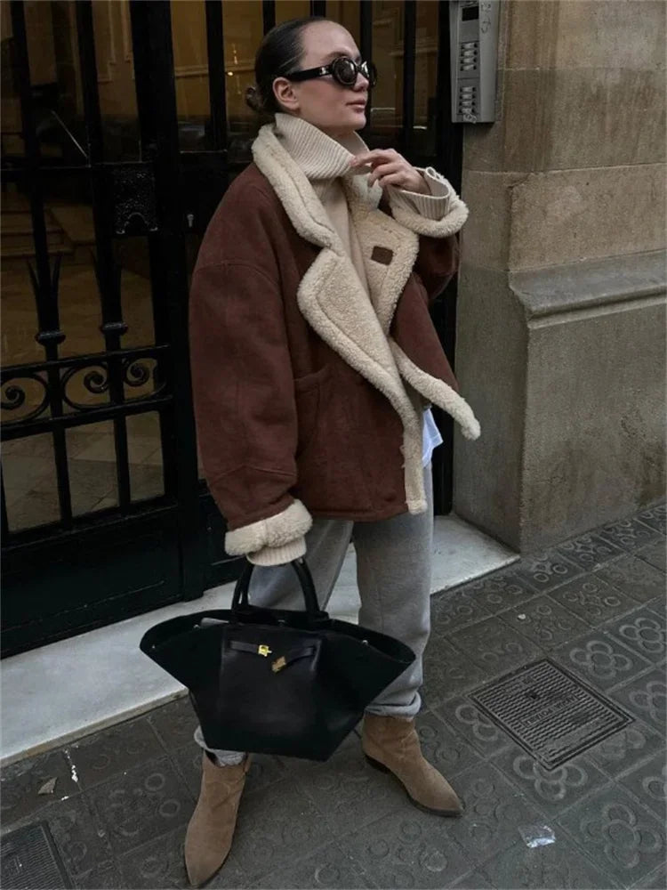 Winter Loose Fashion Overcoat For Women Lapel Pocket jacket Coat Streetwear Commute Contrast Vintage Ladies Outwear 2025
