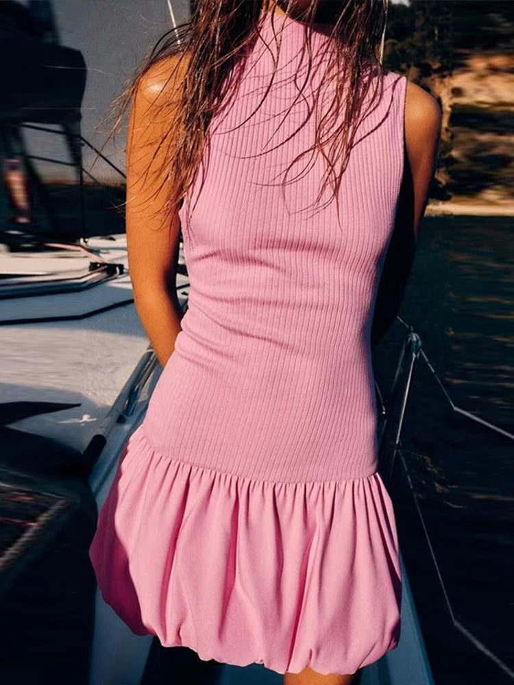 Elegant Solid Color Mini Dress For Women Knitted O Neck Sleeveless Backless Female Skirts  Summer New Chic Ladies Robe
