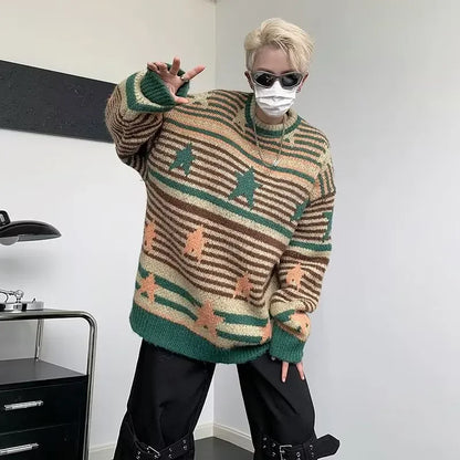 Voguable Y2K Star Sweater Harajuku Striped Knitted Pullovers Jumpers Tops Oversize Purple Winter Streetwear Hip Hop
