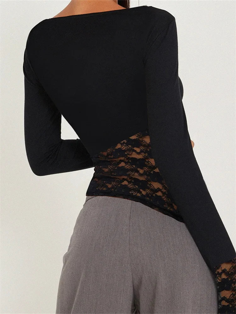 FashionSierra - Basic Casual Lace Patchwork Irregular Hem Long Sleeve Pullover for Club Streetwear Aesthetic Tee