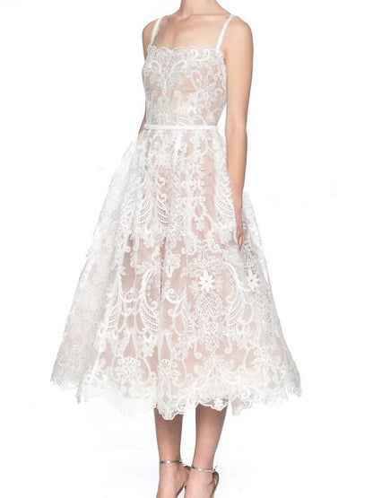 Square Neck Lace Embroidery Elegant Long Dress Fairycore Waist Sleeveless Camisole Dresses Women 2025 Spring Summer 23A8639