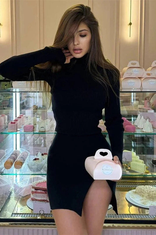 Patchwork High Waist Long Sleeve Mini Dress with Split