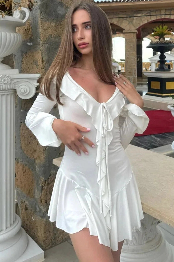Elegant Lace Up Bodycon Mini Dress with Long Sleeves