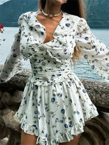 Ruffled V-Neck Printed Mini Dress Female Bandage Autumn Fashion Lace-Up Contrast Drawstring Dress For Women Party Dress