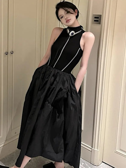 Casual Black Knitted Dresses for Women Sleeveless Vest Dress A-line Casual Korean Fashion Half High Collar Autumn New Vestido