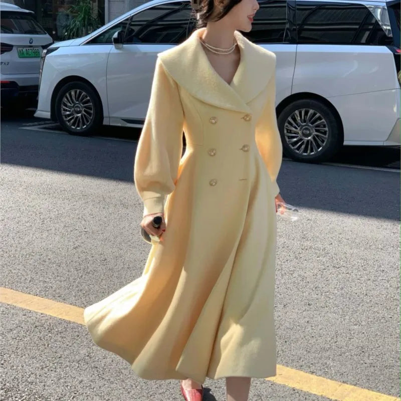 Fashion Women’s Long Coats Winter New Outerwear Lapel Double Breasted Lantern Sleeve Solid Vintage Chic Woolen Overcoats