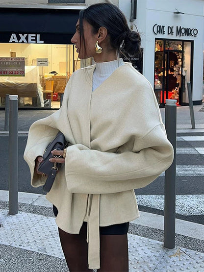 Elegant Woolen Long Sleeve Coat With Belt Women Loose Casual V-neck Solid Short Overcoat Autumn Vintage Lady Thick Warm Outwear
