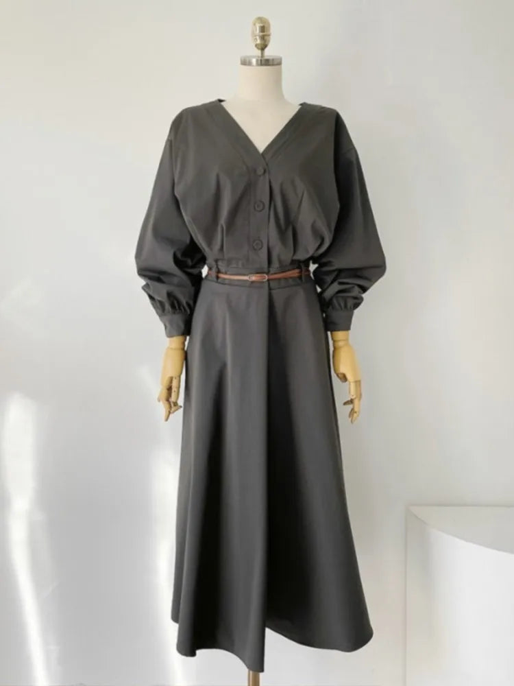 Korean Fashion V-neck Midi Dresses for Women with Belt Long Sleeve A-line Office Lady Autumn New Elegant Solid Female Clothing