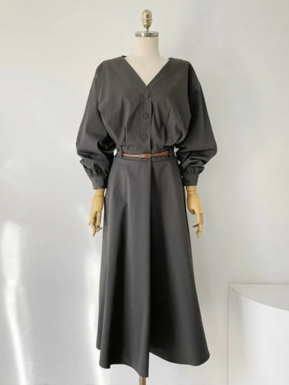 Korean Fashion V-neck Midi Dresses for Women with Belt Long Sleeve A-line Office Lady Autumn New Elegant Solid Female Clothing