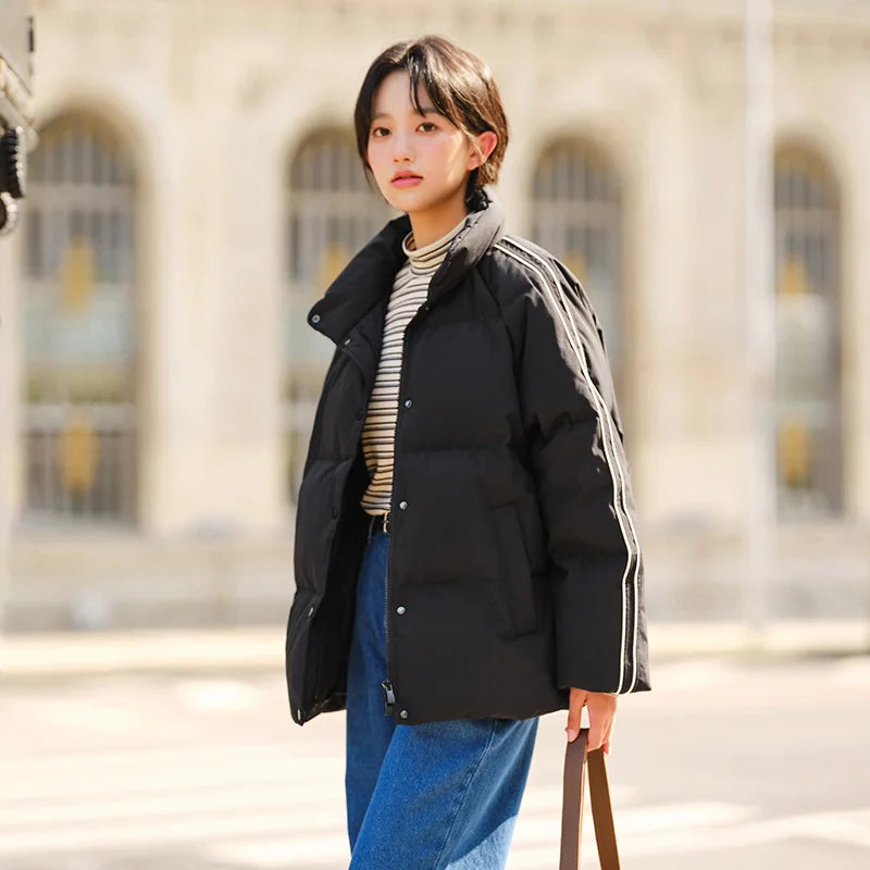 Down Jacket Women Stand-Up Collar Contrast Color Raglan Sleeve Loose  Winter New Three-Proof Windproof Down Jacket