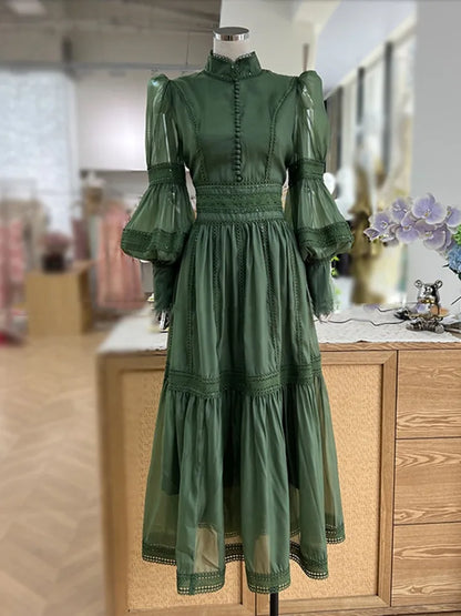 Elegant Long Dress Fairy Style Stand Up Collar Lantern Sleeves Splicing Waist Fashion Dresses Women 2025 Spring Autumn 1351