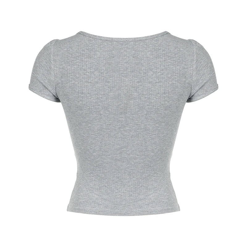 Voguable Y2K Contrast Lace Patchwork Knitted Top Cute Casual Basic Short Sleeve T-shirts Coquette Square Collar Tee