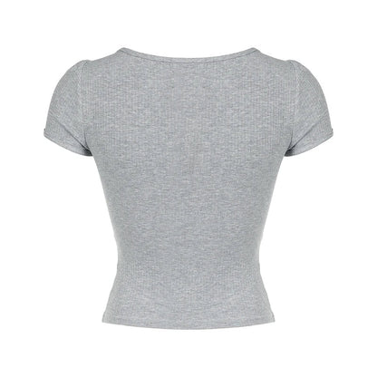 Voguable Y2K Contrast Lace Patchwork Knitted Top Cute Casual Basic Short Sleeve T-shirts Coquette Square Collar Tee
