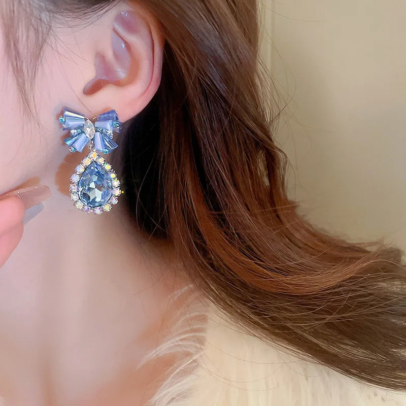 Lizakosht Minar Luxury Blue Crystal Rhinestones Bowknot Water Drop Dangle Earrings for Women Bridal Jewelry