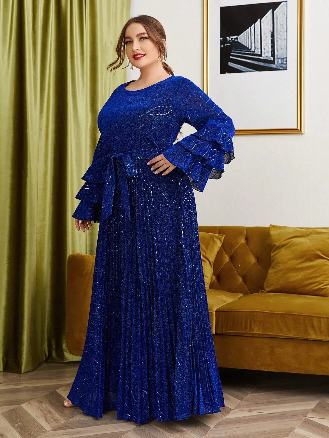 plus size Round neck multi-layer lotus long sleeve sun fold long skirt evening gown ball dress Party dress