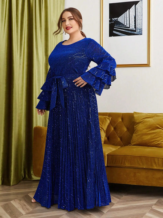 plus size Round neck multi-layer lotus long sleeve sun fold long skirt evening gown ball dress Party dress