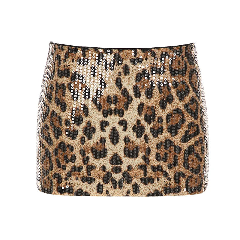 Fashion Leopard Sequined Women Slim Sexy Mini Skirts Hotsweet Gyaru A-Line Skirts s Trendy Streetwear Clothes