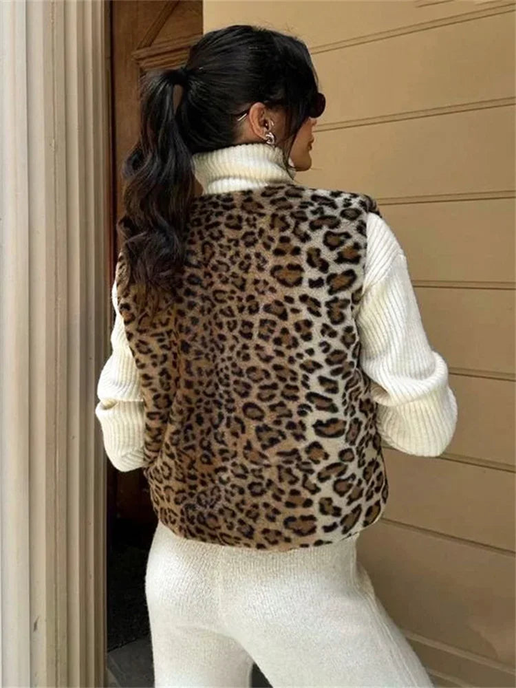 Leopard Printed V-Neck Vestidos Coat Female Contrast Printed Streetwear Cropped Top Loose Autumn Commute Outwear Cardigan