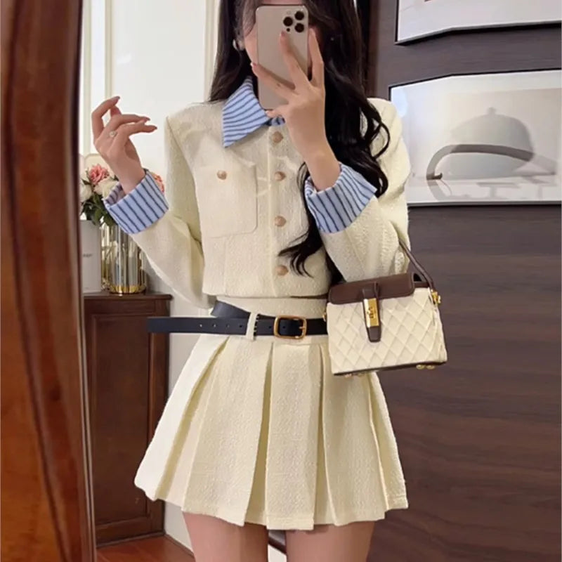 Elegant Two-piece Skirt Set Women Single Breasted Crop Top Pleated Mini Skirt Preppy Style Korean Fashion Autumn New Outfits